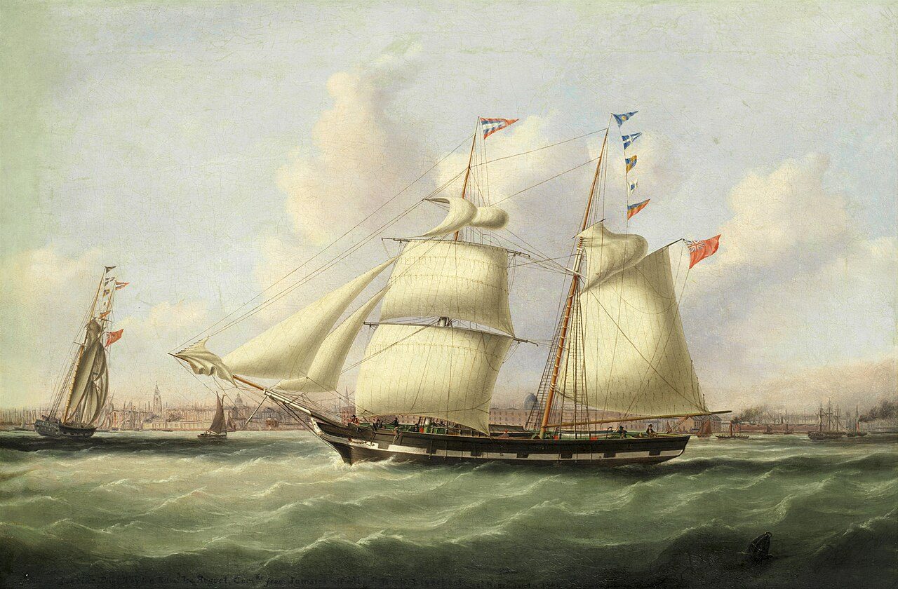 Pintura de 1846 de um veleiro em frente ao Albert Dock, em Liverpool