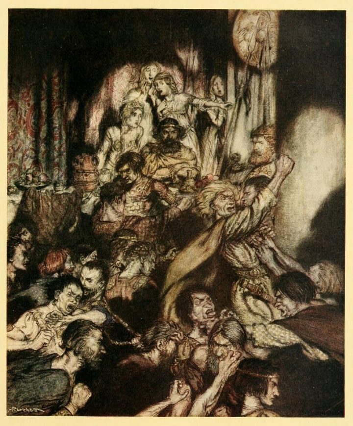 Ilustração colorida de Arthur Rackham mostrando uma briga épica num salão de banquete