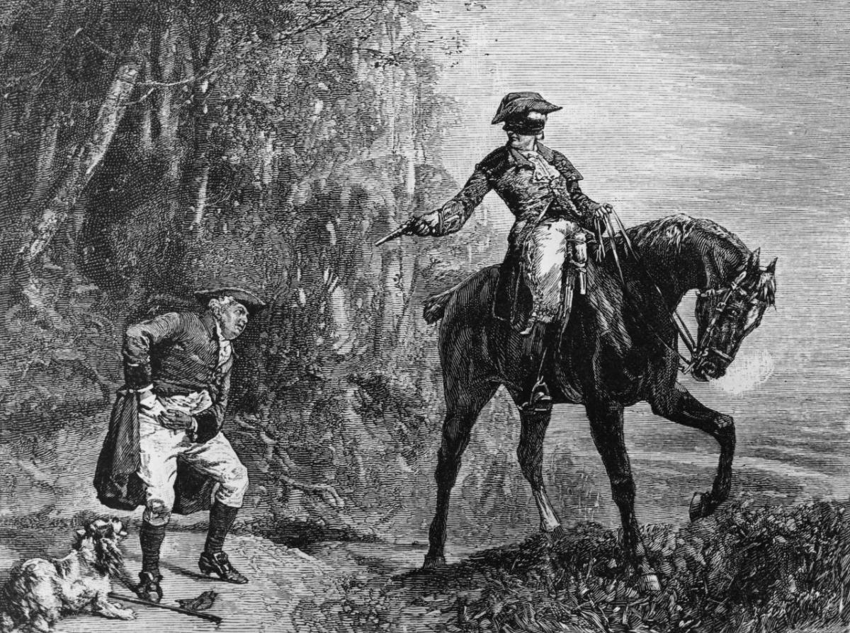 Gravura antiga de um salteador mascarado a cavalo apontando a pistola para um viajante assustado na estrada
