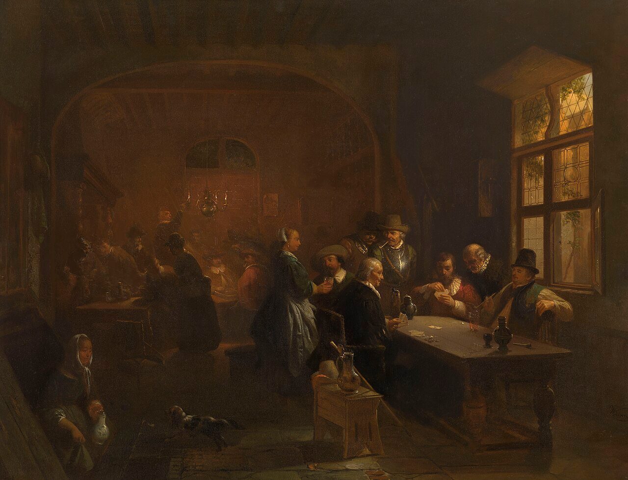 Pintura de uma taverna cheia à luz de velas, com fregueses bebendo e conversando à mesa